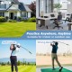 Golf swing trainer aid with weighted head for grip, shown in various practice settings for indoor or outdoor use.