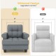 Mid-century modern accent armchair in gray, featuring tufted linen upholstery and a widened design for enhanced comfort.
