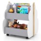 Kids wooden bookshelf with tree-shape design, gray color, double-sided storage, and universal wheels for easy mobility.