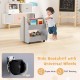 Kids wooden bookshelf with universal wheels in gray, showcasing a smooth surface and rounded corners for child safety.
