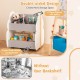 Kids wooden bookshelf in gray with double-sided design, featuring 2 open shelves and universal wheels for easy mobility.