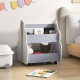 Kids wooden bookshelf in gray with universal wheels, featuring a cute tree-shape design for easy book organization.
