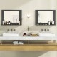 Rectangle bathroom mirror with gray wood frame and shelf, ideal for storage and wall mounting in modern spaces.