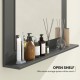 Rectangle bathroom mirror with gray wood frame and open shelf, ideal for storing toiletries and enhancing decor.