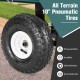 Close-up of a heavy-duty garden utility cart wheel featuring 10-inch pneumatic tires for durability and shock.