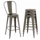 Stackable metal bar height chairs in gun color with removable backrest, ideal for dining and easy storage.
