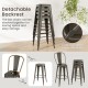 Stackable metal bar stools with removable backrest in gun color, designed for stability and easy storage.