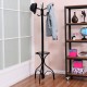 Vintage metal coat and hat tree stand with six hooks, sturdy base, ideal for organizing clothes and accessories.