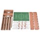 Foosball table components including wood parts, steel rods, player figures, and soccer field for indoor competition.