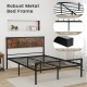 Platform full/queen bed frame with rustic headboard, metal slats, and non-slip foot pads for sturdy support and storage.