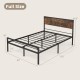 Full size platform bed with rustic headboard, heavy-duty metal frame, and slatted design for ample under-bed storage.