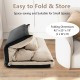 Adjustable floor sofa bed in beige, folded for storage, featuring lumbar pillows and space-saving design.