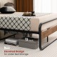 Arc platform bed with rustic headboard, 13" elevated design for under bed storage, and sturdy metal frame for stability.