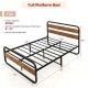 Full platform bed with rustic headboard, metal frame, and 13" elevation for under-bed storage, no box spring needed.