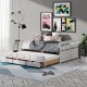 Full size white wood daybed frame featuring a chic design and large storage drawers, perfect for stylish home.