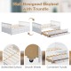 Full size white wood daybed frame with trundle bed and three storage drawers, ideal for bedrooms and guest rooms.