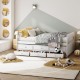 Full size white wood daybed frame with trundle and three storage drawers, perfect for bedrooms and guest rooms.