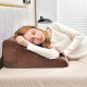 Brown bed wedge pillow with tablet stand, side pockets, and soft cover, ideal for neck and back support.