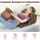 Brown bed wedge pillow with tablet stand, designed for neck, shoulder, and back support, featuring side pockets for.