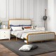 Queen size upholstered gold platform bed frame with velvet headboard, featuring solid metal slats and stylish design.