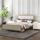 Stylish upholstered gold platform bed frame with velvet headboard and soft surface, ideal for modern bedroom aesthetics.