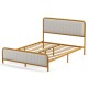 Upholstered gold platform bed frame with velvet headboard, queen size, featuring solid metal slats for support and.