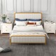 Upholstered queen size bed frame with gold metal accents and velvet headboard, perfect for stylish bedroom decor.