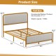 Full size upholstered gold platform bed frame with velvet headboard, solid metal slats, for stylish bedroom support.