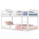 Twin size bunk bed in white with high guardrails and integrated ladder, ideal for kids' rooms and space-saving.
