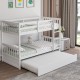 Twin over twin bunk bed in white with pull-out trundle, solid pine wood frame, ideal for bedrooms or guest rooms.