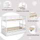 Twin over twin bunk bed in white with pull-out trundle, integrated ladder, and full-length guardrails for safety.
