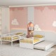 Twin over twin bunk bed in white with pull-out trundle, solid pine wood frame, ideal for kids' bedrooms.