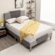 Full size velvet upholstered bed frame with high headboard, featuring a modern design and strong support slats.