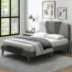 Full-size velvet upholstered bed frame with high headboard, featuring a modern design and strong support slats.