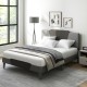 Queen size velvet upholstered bed frame with high headboard, showcasing a stylish modern aesthetic in a bright bedroom.