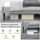 Queen size velvet upholstered bed frame with elevated footboard and clearance for storage and easy cleaning access.