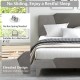 Queen size velvet upholstered bed frame with high headboard, featuring an elevated design to keep your mattress in.