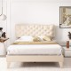 Full size bed frame with elegant nail headboard, button tufting, and wooden slats for enhanced stability and support.