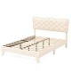 Full size bed frame with elegant nail headboard, wooden slats, and breathable linen fabric for enhanced comfort.