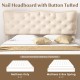 Nail headboard with button tufting on a full size bed frame, featuring breathable linen fabric and wooden slats for.