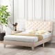 Full size bed frame with elegant nail headboard, breathable linen fabric, and sturdy wooden slats for support.