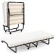 Twin size folding bed with foam mattress, lockable wheels, and sturdy birch wood slats for easy storage and support.