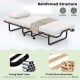 Twin size folding bed with foam mattress, strong metal tubes, and lockable wheels for easy storage and stability.