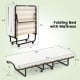 Twin size folding bed with foam mattress, featuring lockable wheels and a sturdy metal frame for easy storage and.