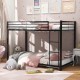 Low profile twin over twin metal bunk bed in black with full-length guardrails and ladder, ideal for kids' rooms.