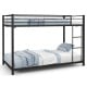Twin over twin metal bunk bed in black with full-length guardrails and ladder for easy access, ideal for kids' rooms.