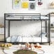 Low profile twin over twin metal bunk bed in black with full-length guardrails, ideal for kids' rooms or dorms.