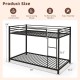 Low profile twin over twin metal bunk bed in black with full-length guardrails and ladder for easy access.
