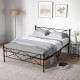 Queen size metal platform bed frame with headboard, footboard, and under-bed storage for a modern bedroom setup.