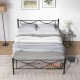 Queen size metal platform bed frame with headboard and footboard, featuring sturdy slats and under-bed storage space.